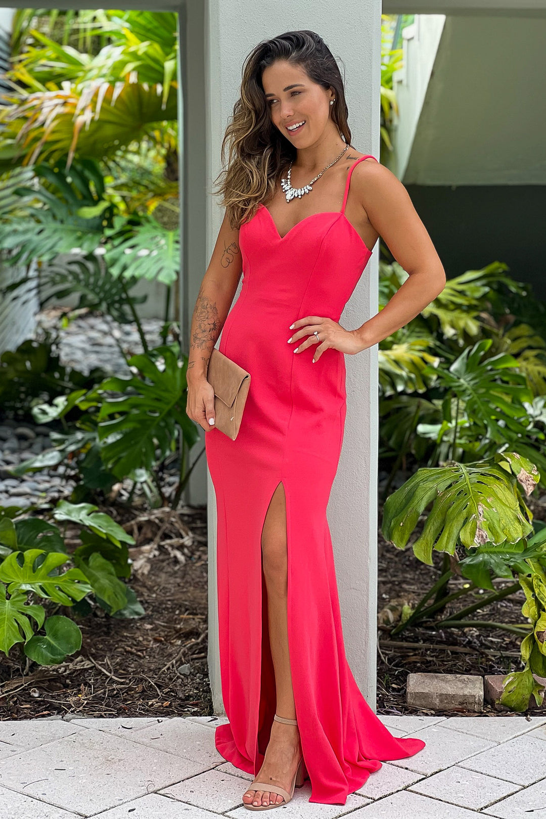 coral color dress Maxi With Sweetheart Neckline And Slit Looking sensational is the Size:Adult | 40.5|R romantic wedding Milani | RED Backless