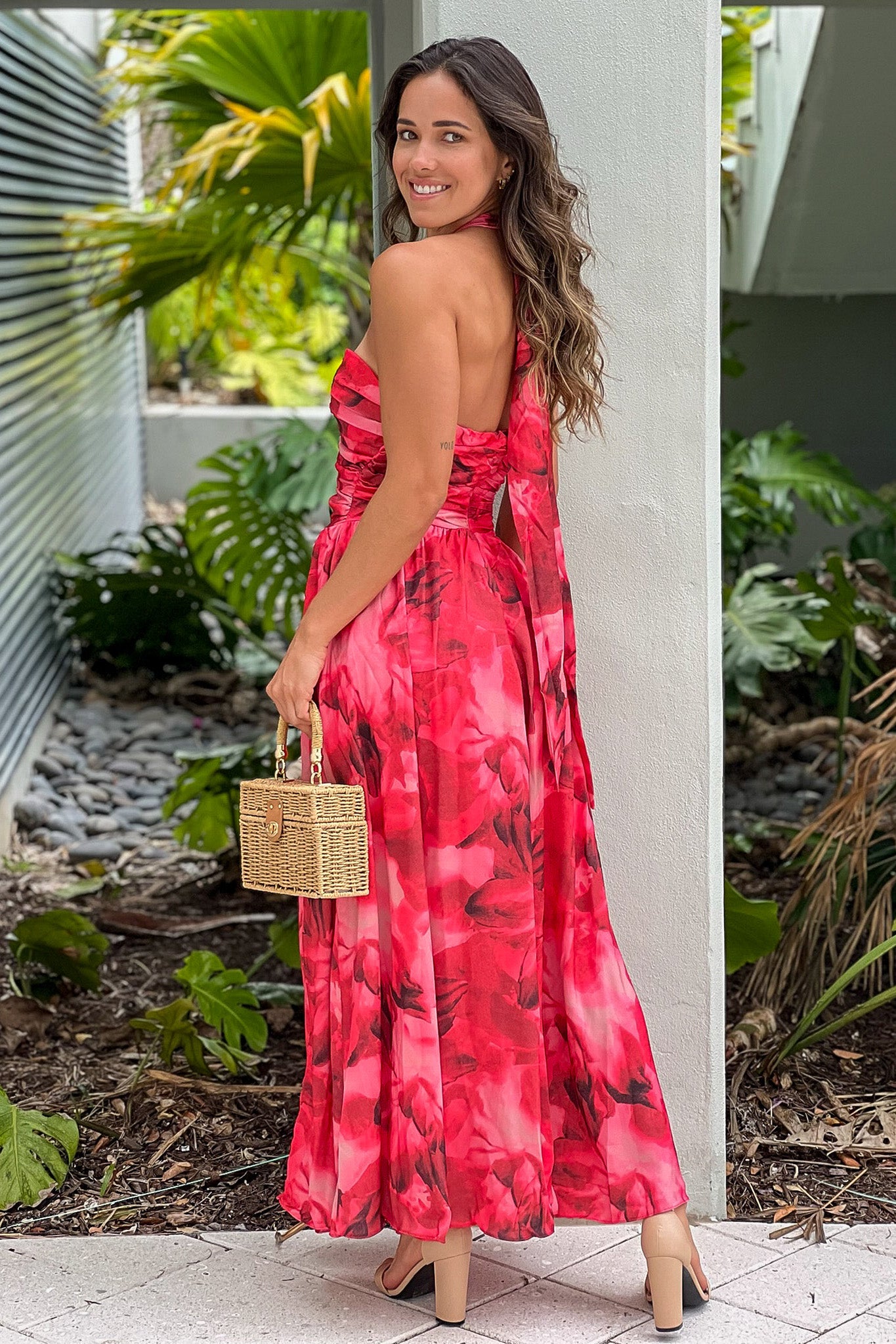 coral  midi dress with cut out and slit