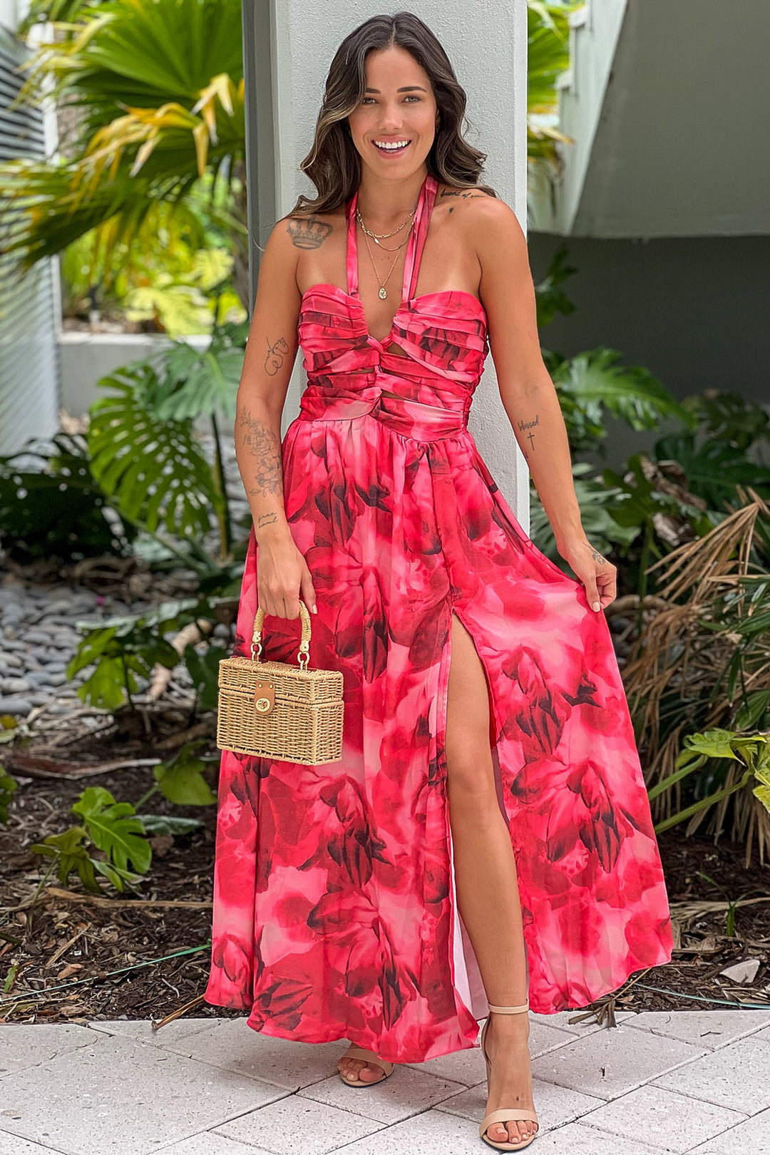 Coral Printed Midi Dress With Cut Out And Slit