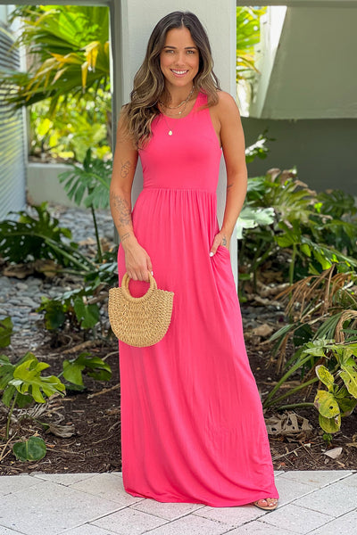 coral racerback maxi dress with pockets