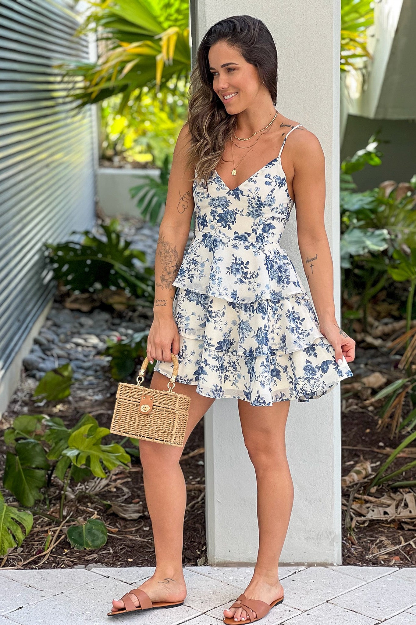 cream and blue floral summer dress