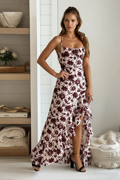 cream and burgundy asymmetrical floral maxi dress