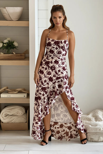 cream and burgundy ruffled floral maxi dress