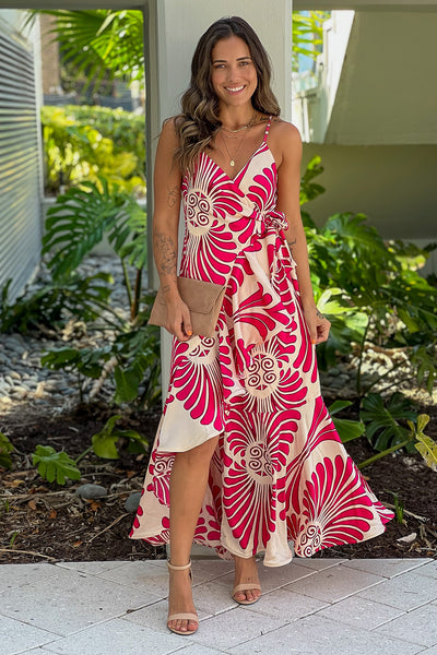 cream and pink printed wrap dress