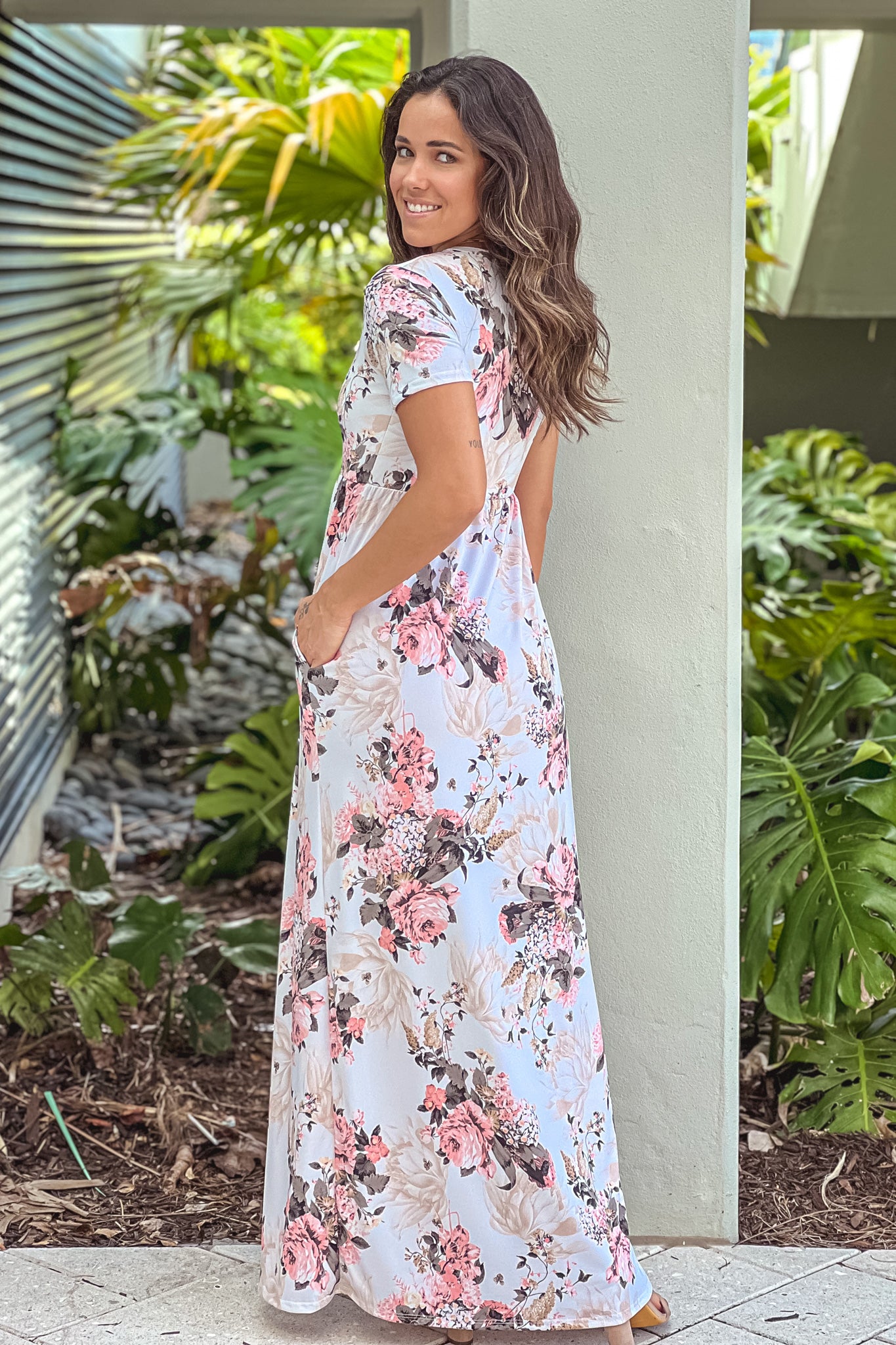 cream floral maxi dress with  pockets