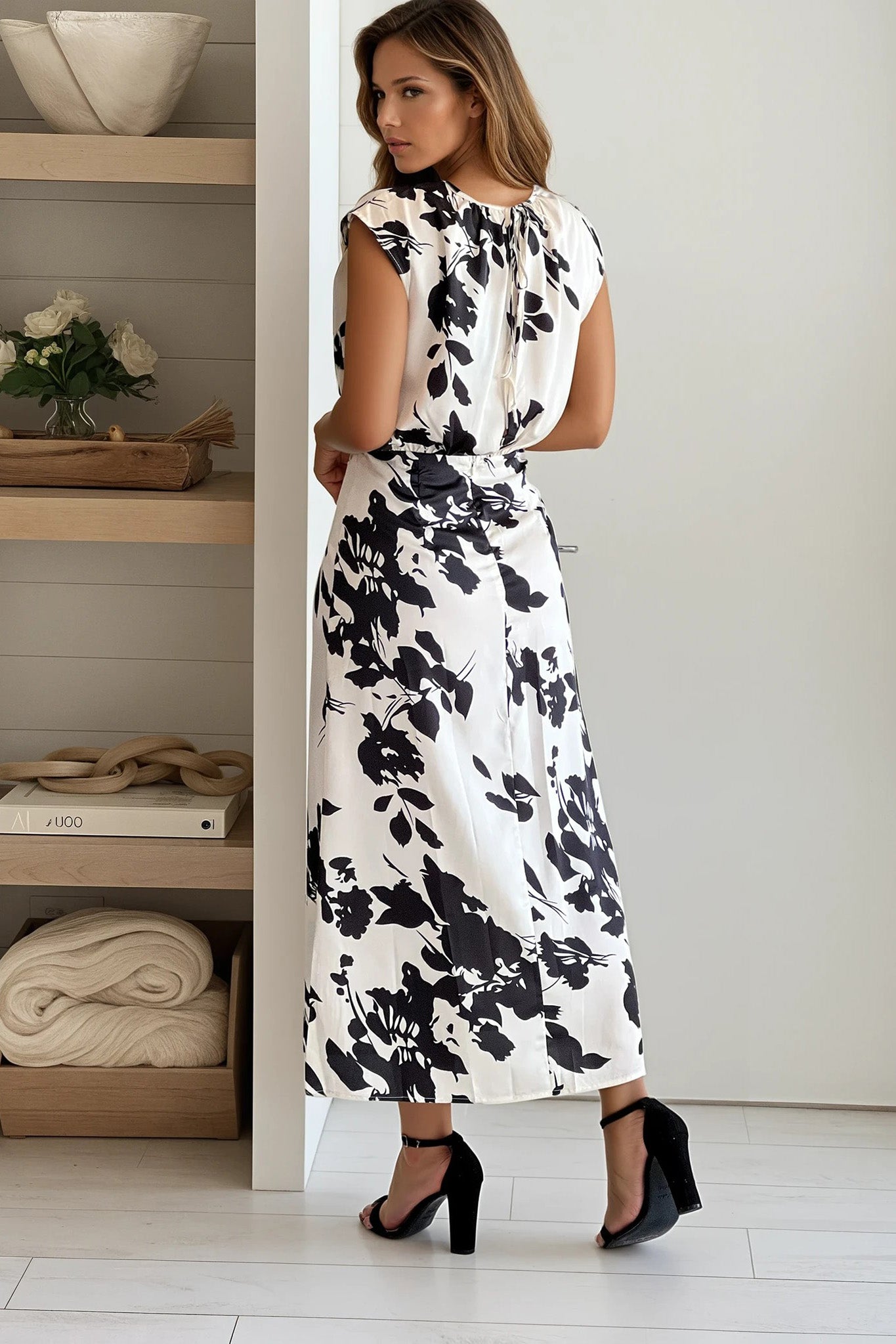 cream printed midi dress with tie back
