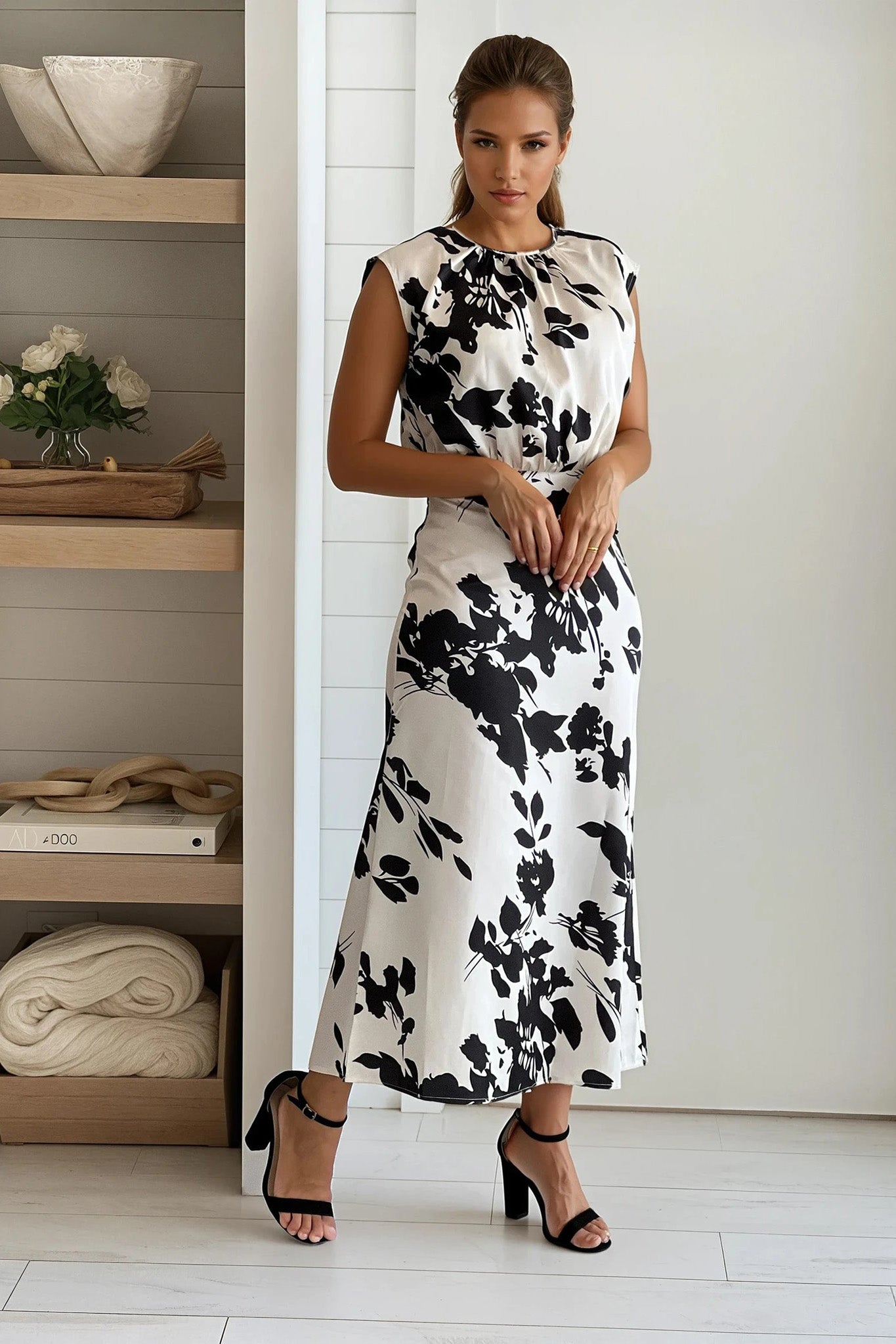cream printed satin midi dress