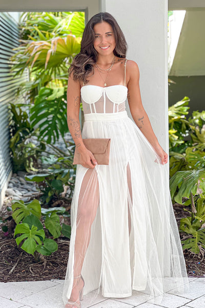 cream tulle maxi dress with corset top