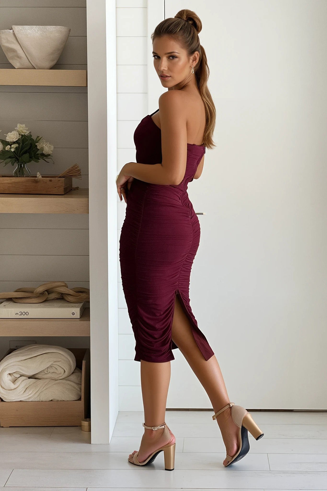 dark cherry ruched mesh midi dress