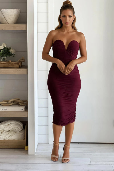 dark cherry sweetheart mesh midi dress