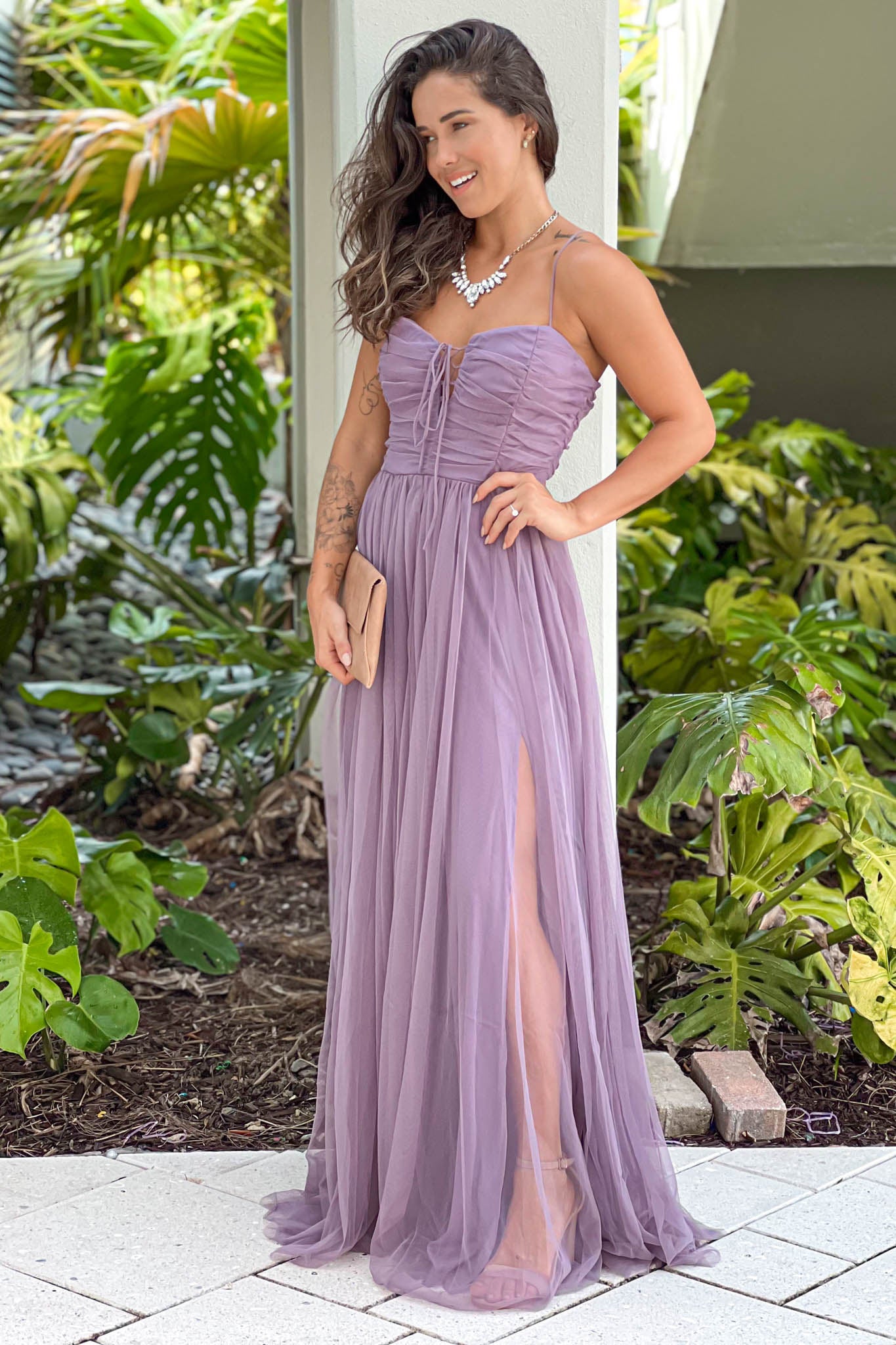 Dark Lavender Tulle Maxi Dress With Front Tie Maxi Dresses