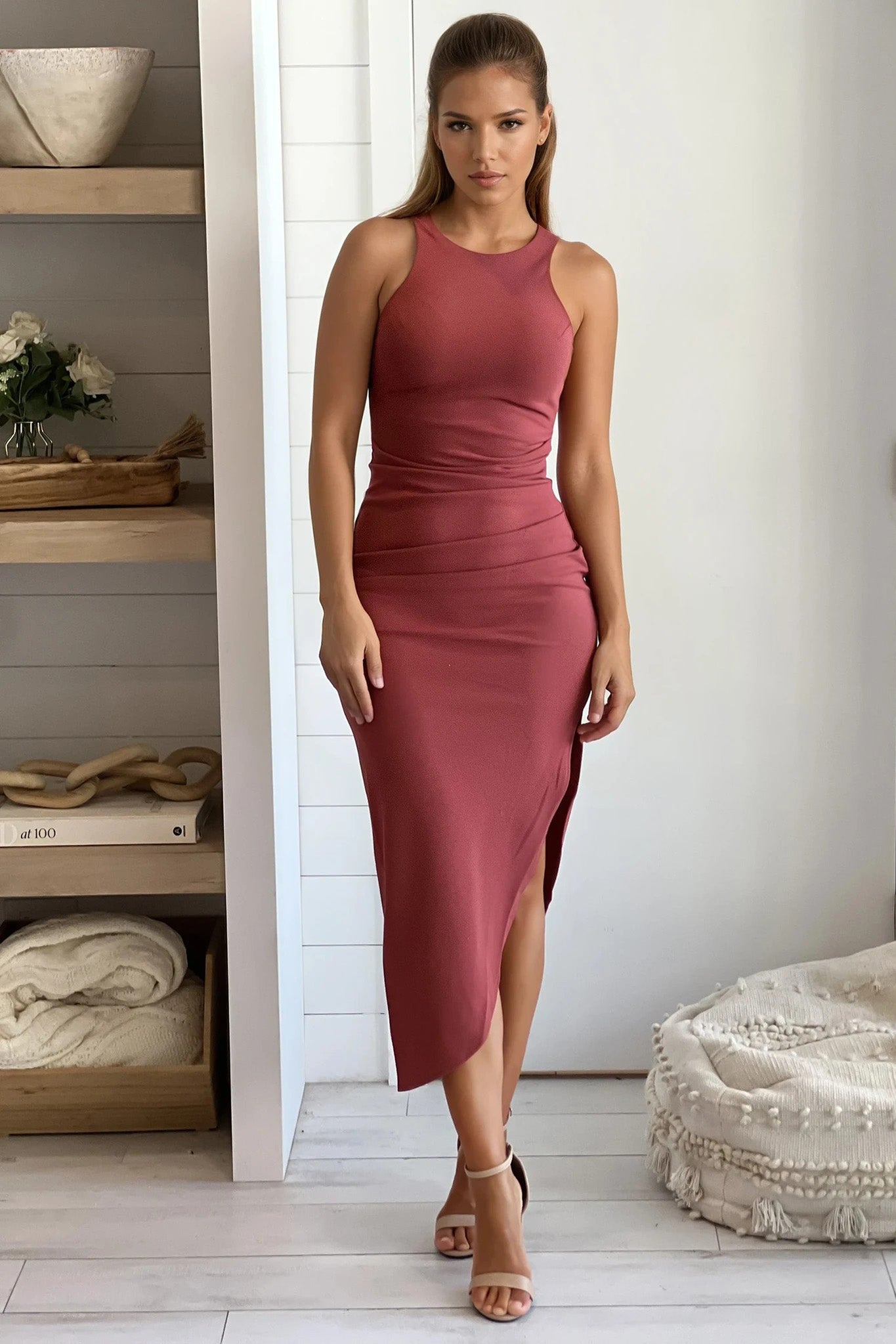 dark mauve high low dress with side slit