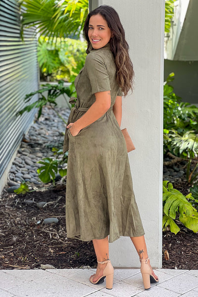 dark olive midi dress with pockets