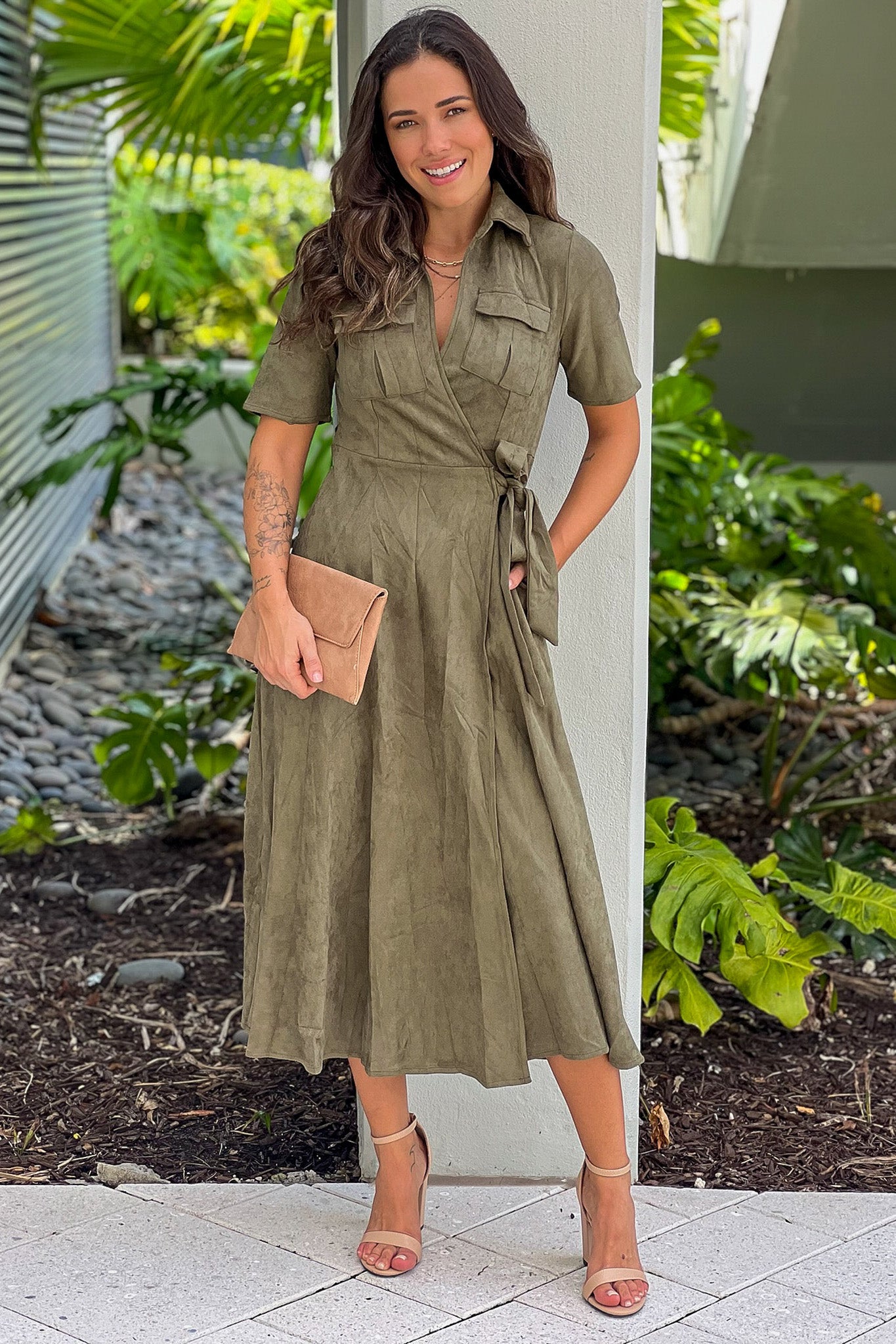 dark olive suede midi dress