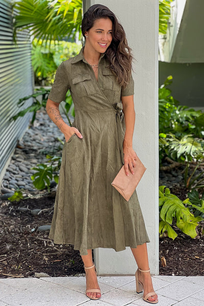 dark olive wrap midi dress