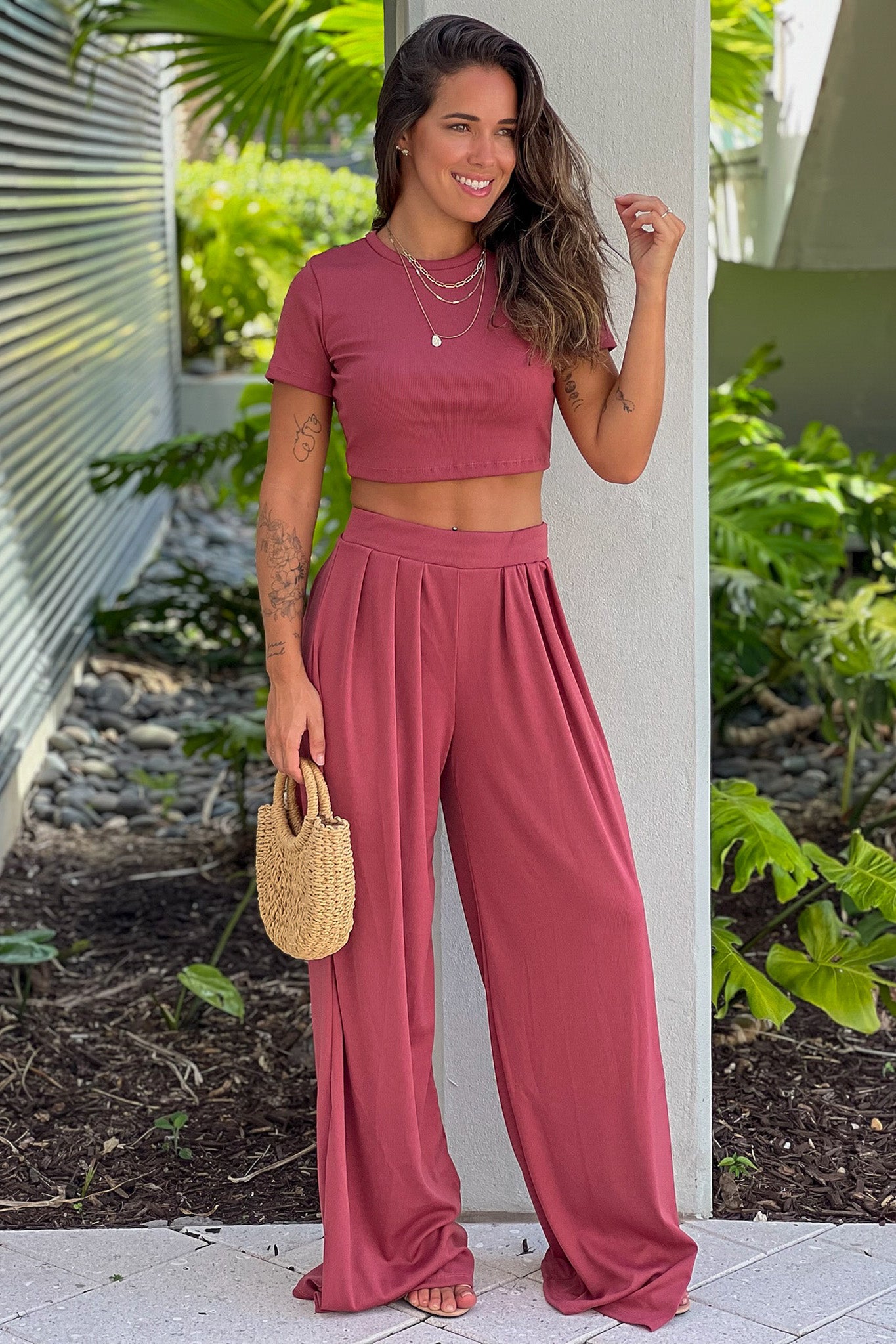 dark rose crop top and pants outfit