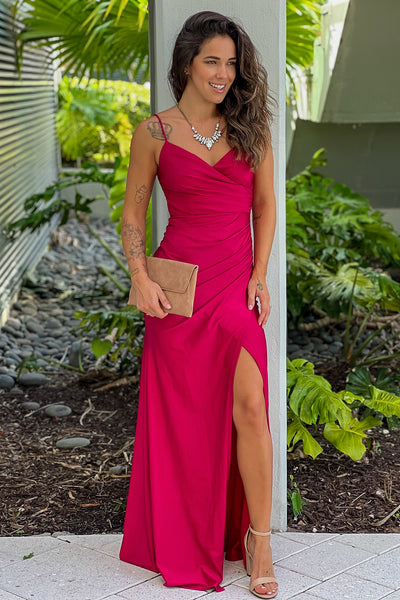 deep red bridesmaids maxi dress with slit