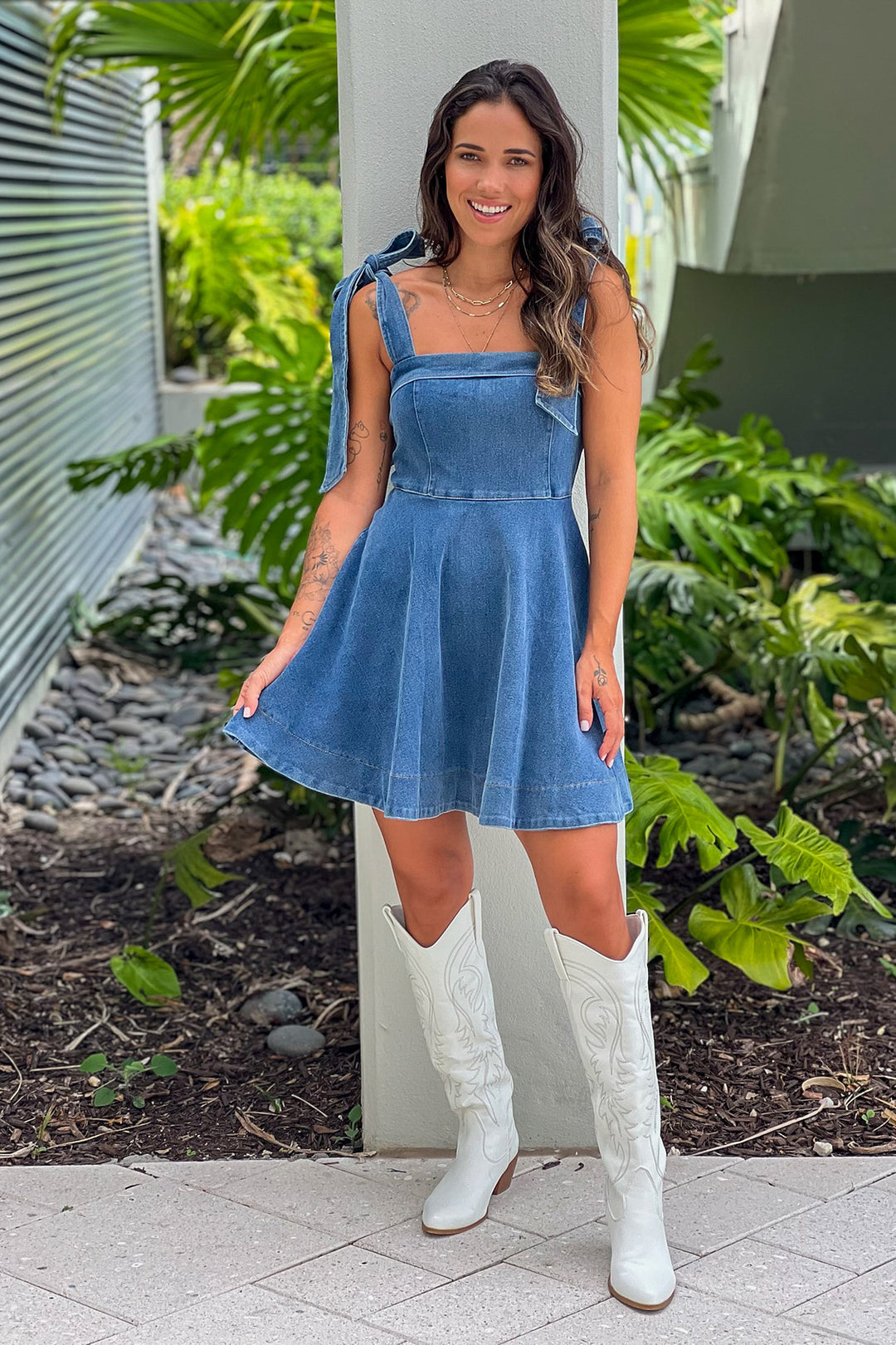 Denim A-Line Short Dress With Tie Straps | Short Dresses Saved by the Dress Denim A-Line Short Dress With Tie Straps | Short Dresses Saved by the Dress