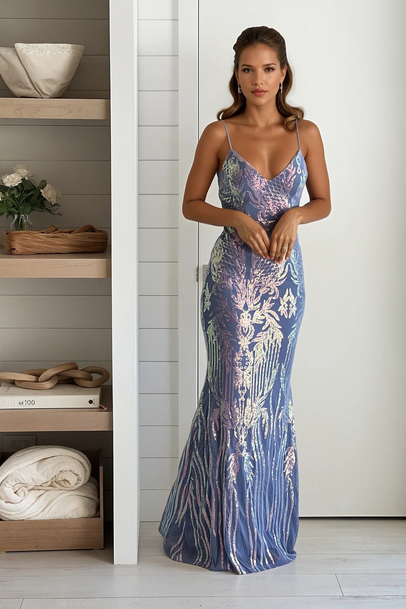 dusty blue sequin maxi dress