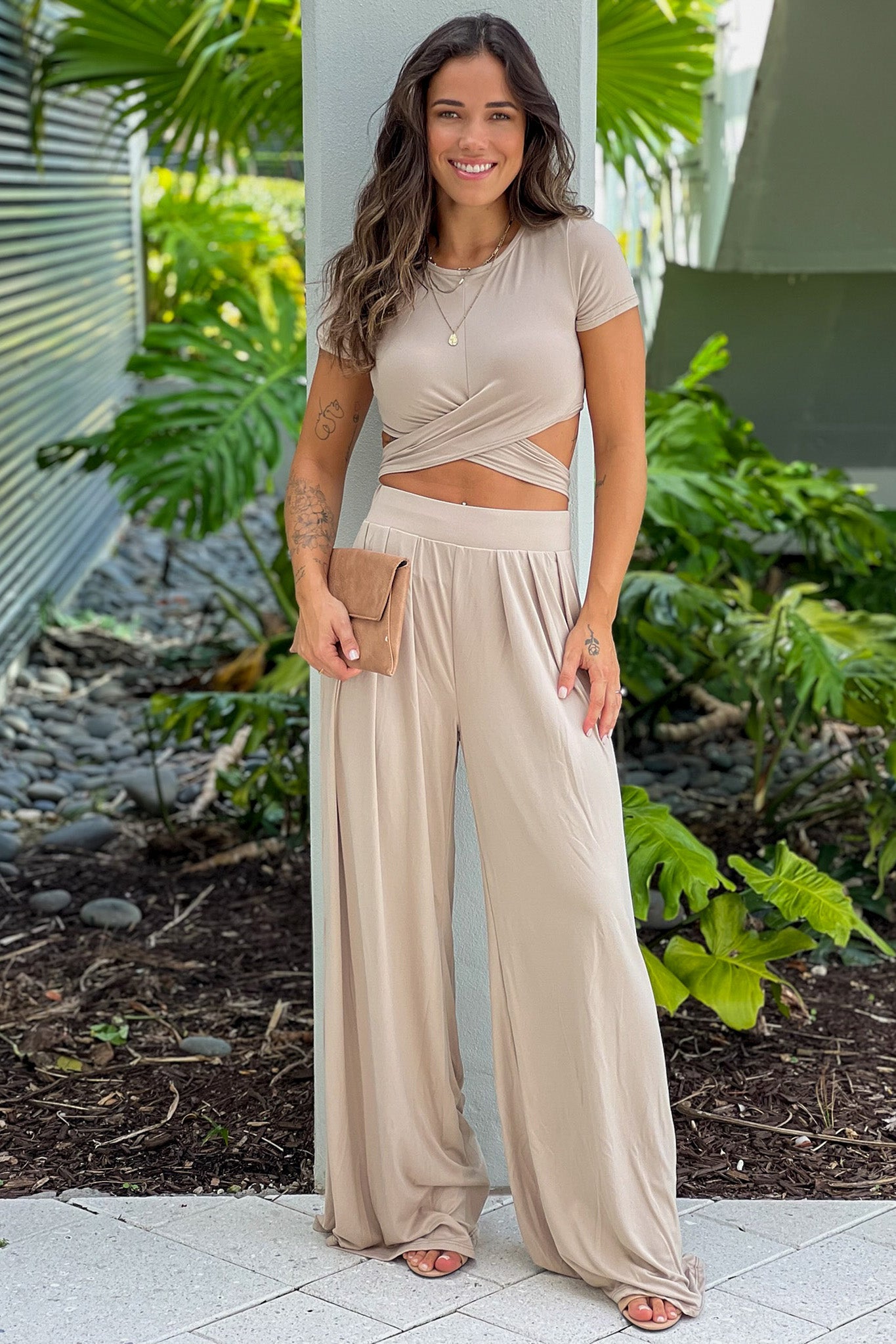 dusty taupe criss cross top and pants set