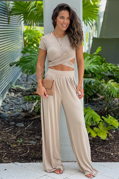 dusty taupe top and wide leg pants set