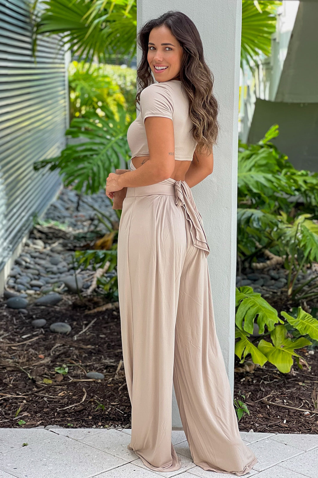 Dusty Taupe Criss Cross Crop Top And Pants Set | Online Boutiques