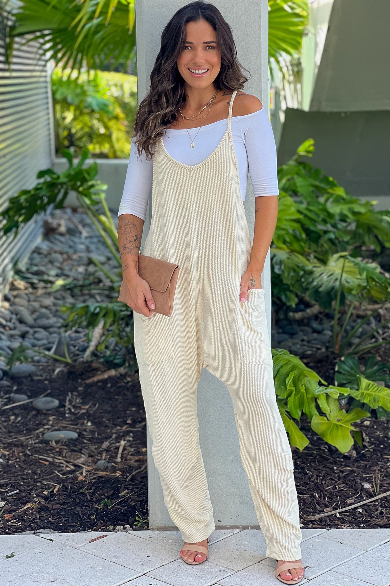 ecru ribbed jumpsuit with pockets