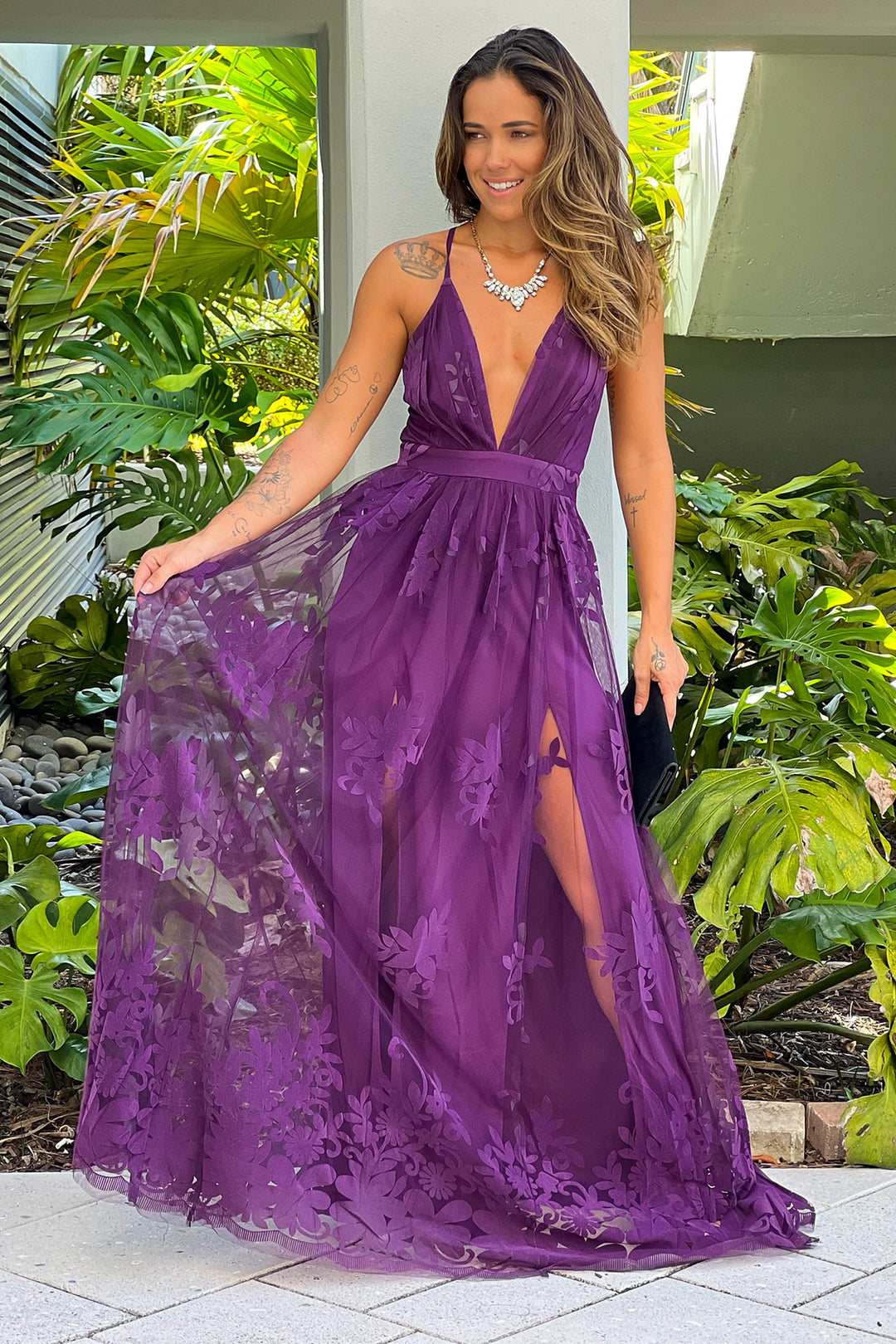 floral tulle maxi dress Lace & Beads Natalia Bandeau Pink Purple  Love My Apparel 100% polyesterperfect for weddings. Flower Embroidered Tulle Maxi Gown