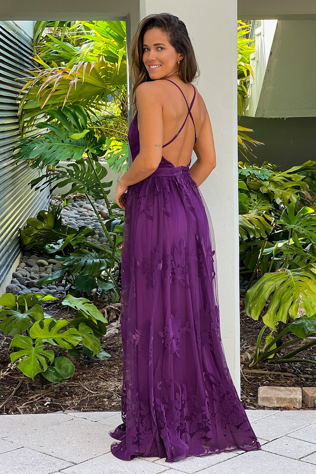 Eggplant Floral Tulle Maxi Dress With Criss Cross Back | Maxi