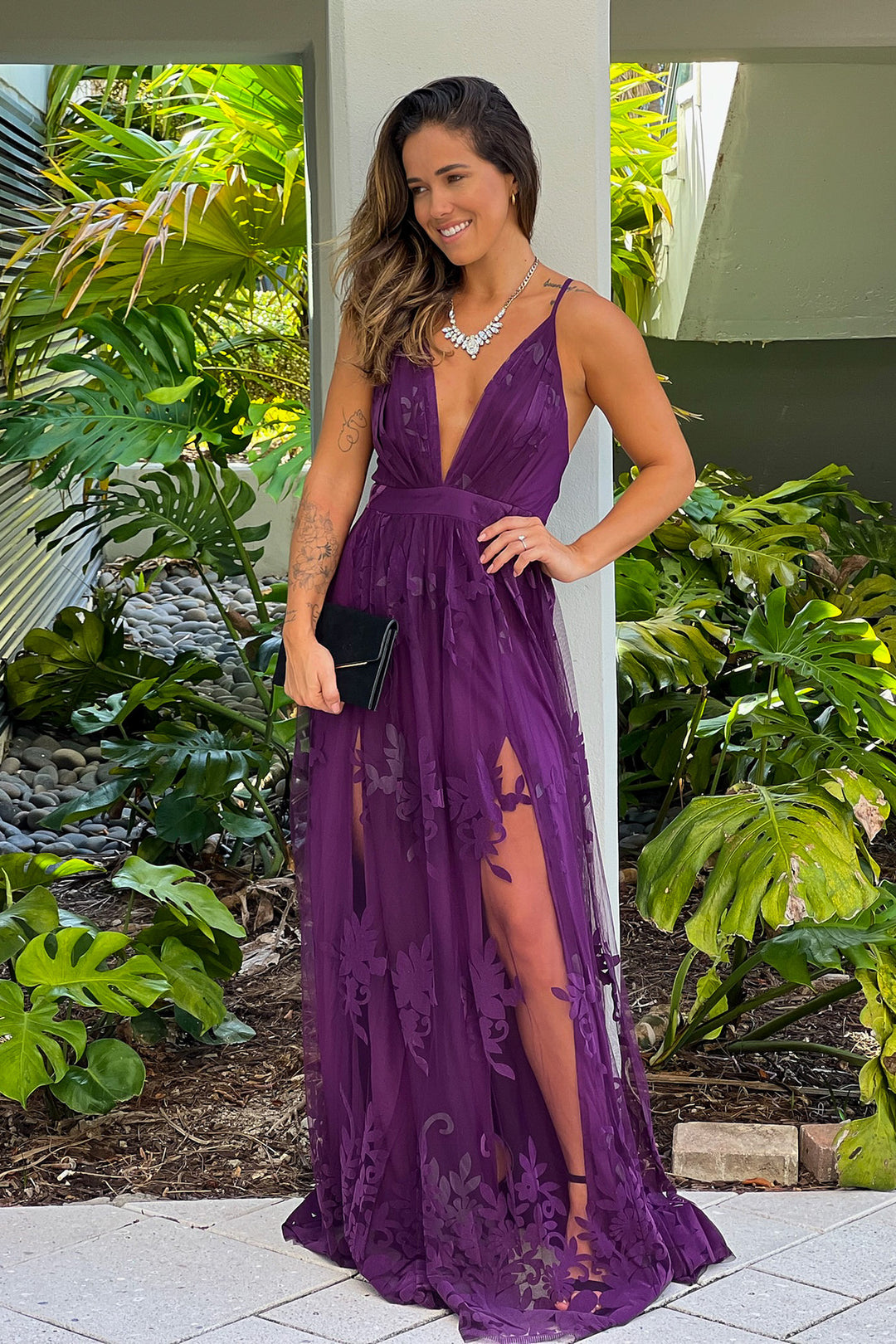 Eggplant Floral Tulle Maxi Dress With Criss Cross Back | Maxi