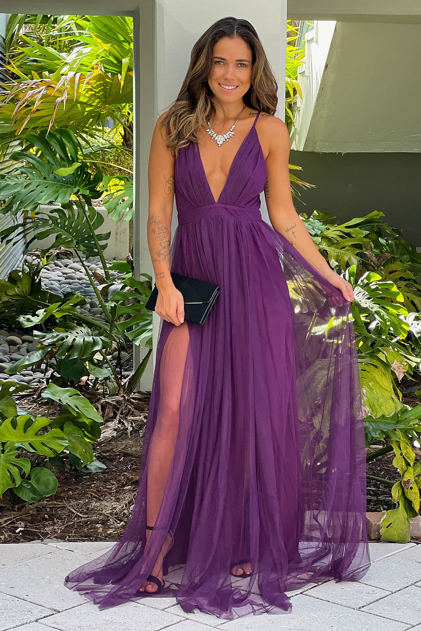 eggplant v-neck tulle maxi dress with criss cross back