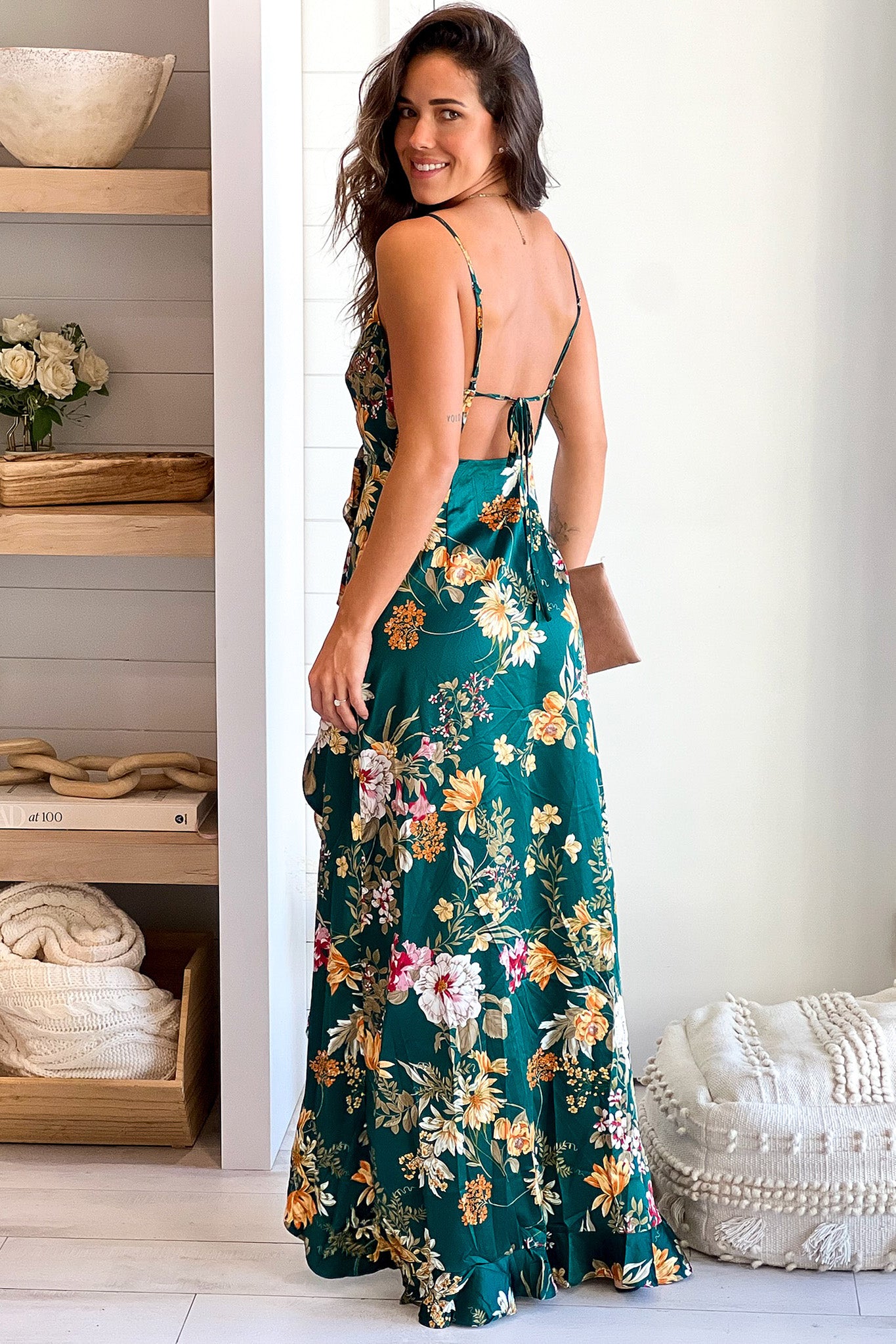 emerald floral open back dress