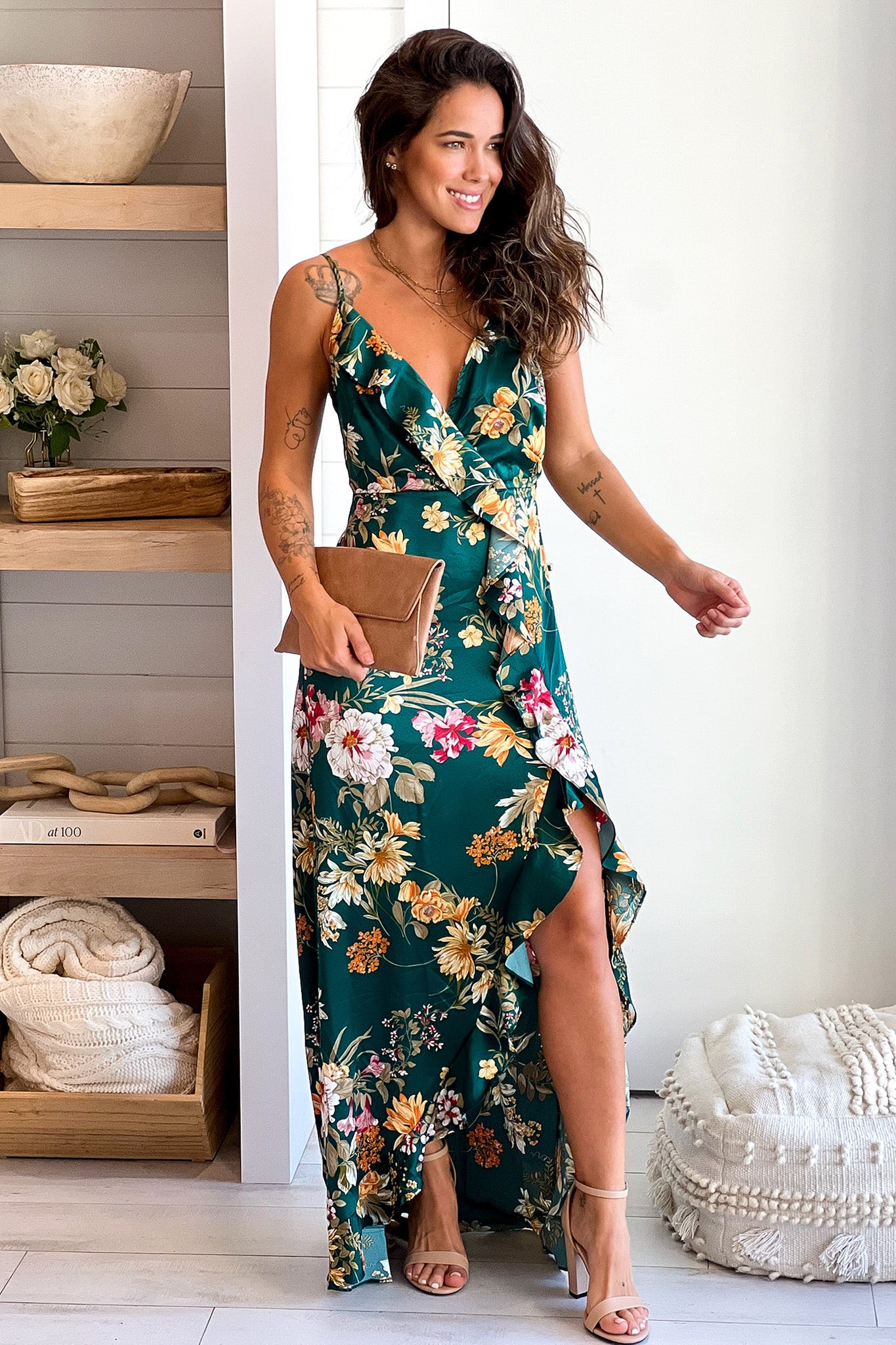 emerald floral ruffled dress