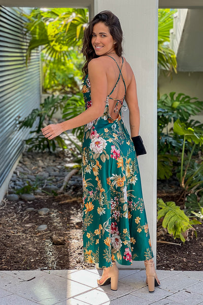 emerald floral satin dress with criss cross back