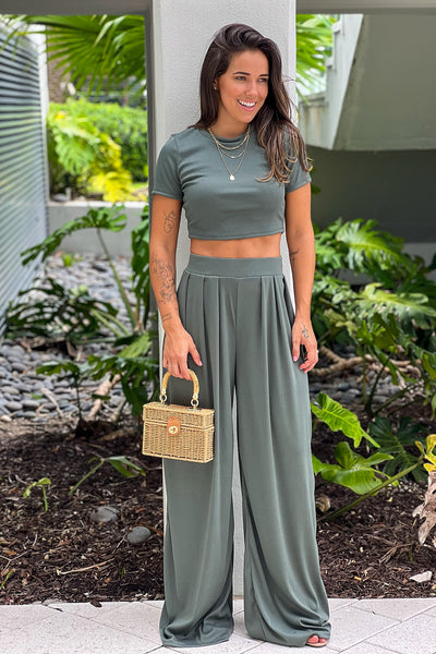 forest green crop top and pants set