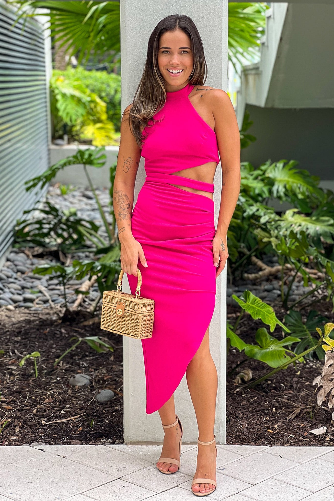 embellished cut-out asymmetric midaxi dress in hot pink white christmas dresses Embellished Cut-Out Asymmetric Midaxi Dress in Black
