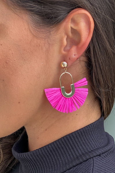 fuchsia fan shape raffia straw earrings