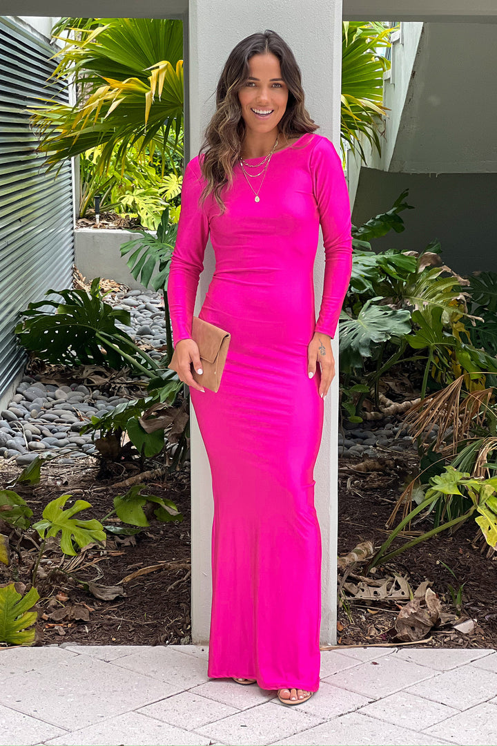 Fuchsia Maxi Dress With Long Sleeves And Open Back | Maxi Dresses  Saved  by the Dress
