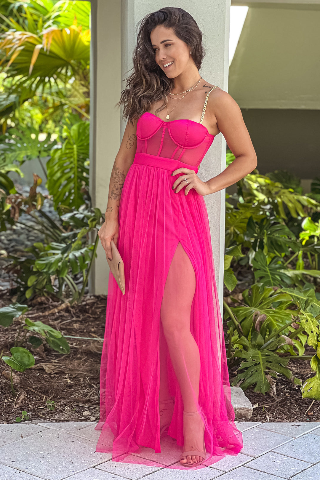 Fuchsia Tulle Maxi Dress With Corset Top | Maxi Dresses – Saved by