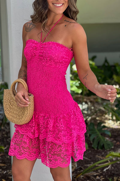 fuchsia lace smocked dress with tiered skirt