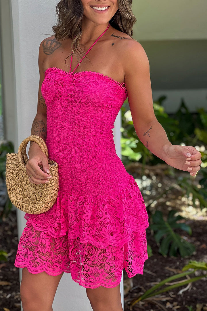 Fuchsia Lace Smocked Dress With Tiered Skirt | Short Dresses  Saved by the  Dress