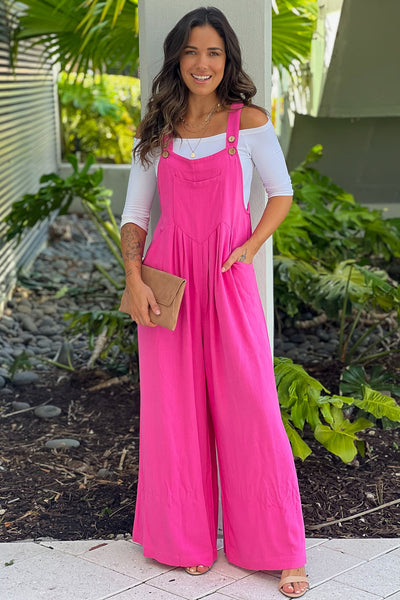 fuchsia linen overalls