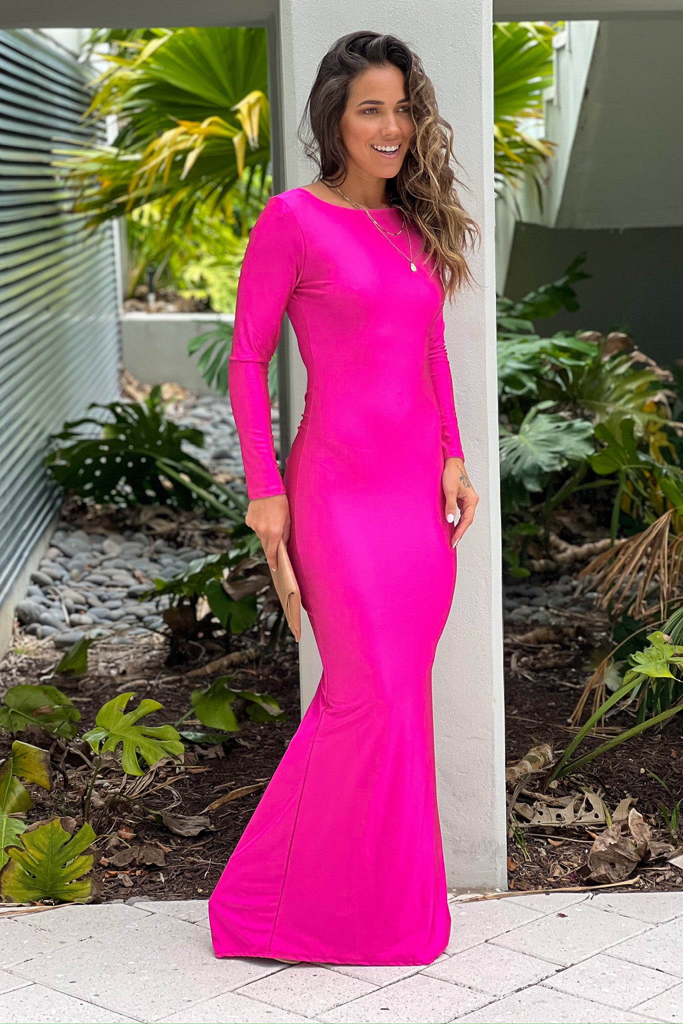 Fuchsia Maxi Dress With Long Sleeves And Open Back | Maxi Dresses Saved by the Dress Fuchsia Maxi Dress With Long Sleeves And Open Back | Maxi Dresses Saved by the Dress
