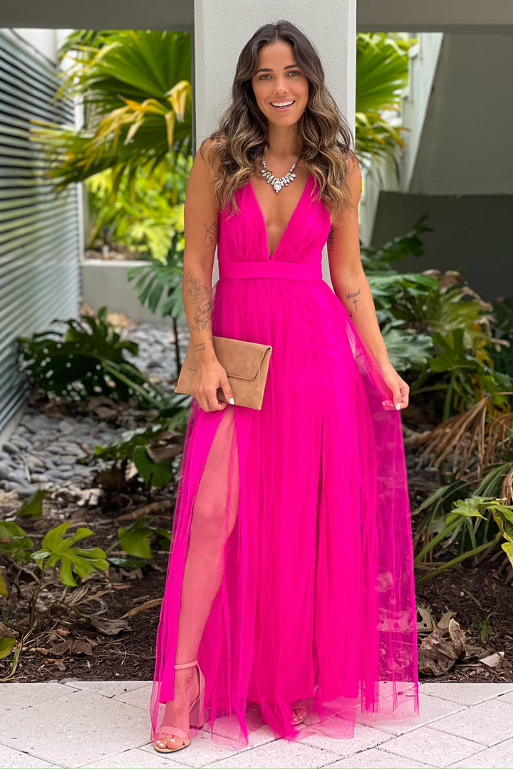white christmas dresses Fuchsia Tulle V-Neck Maxi Dress With Slits