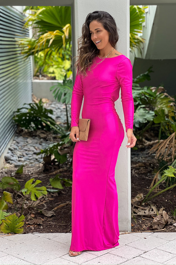 strapless open back dress Fuchsia Maxi Dress With Long Sleeves And Open Back