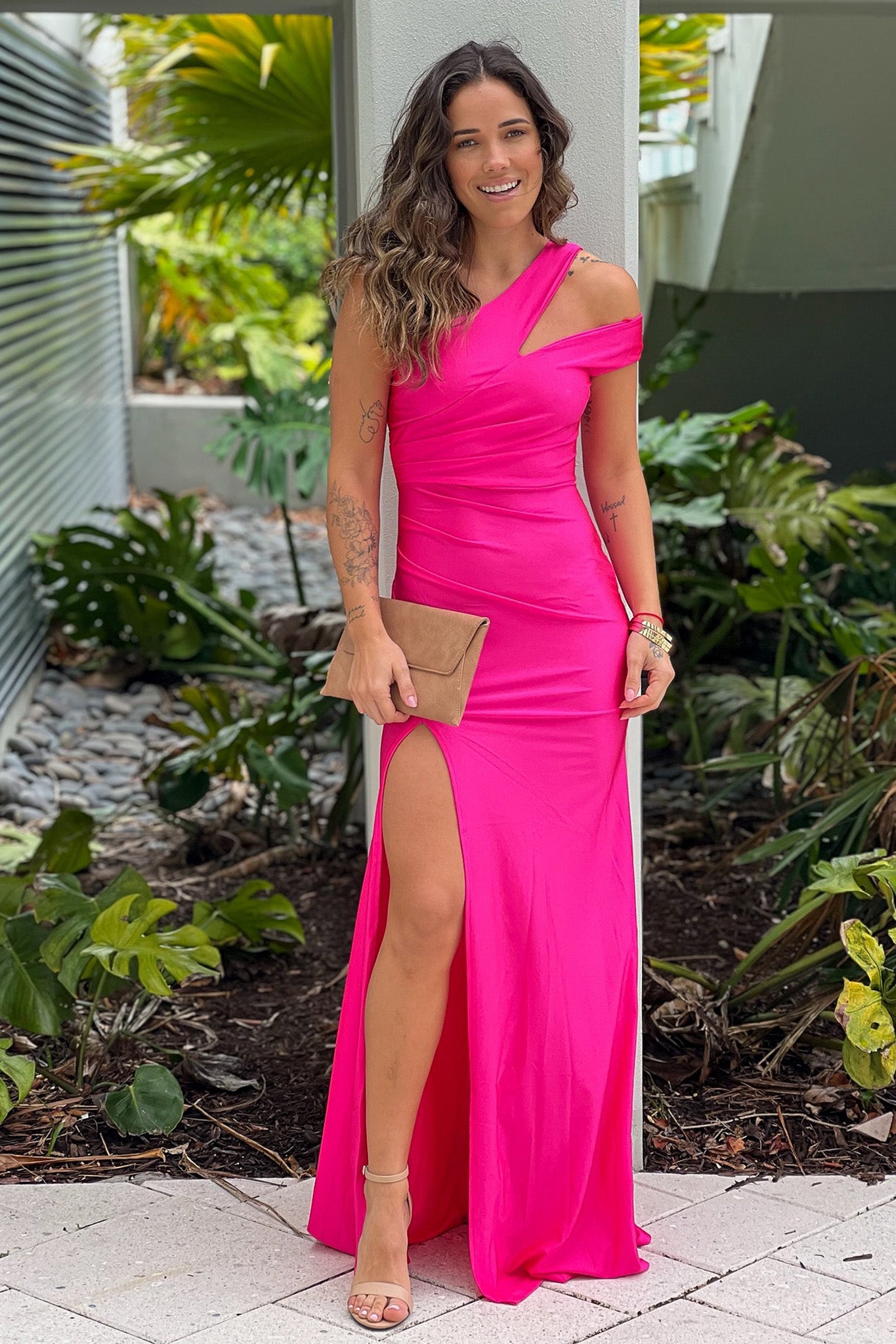 fuchsia one shoulder maxi dress with cut out and slit