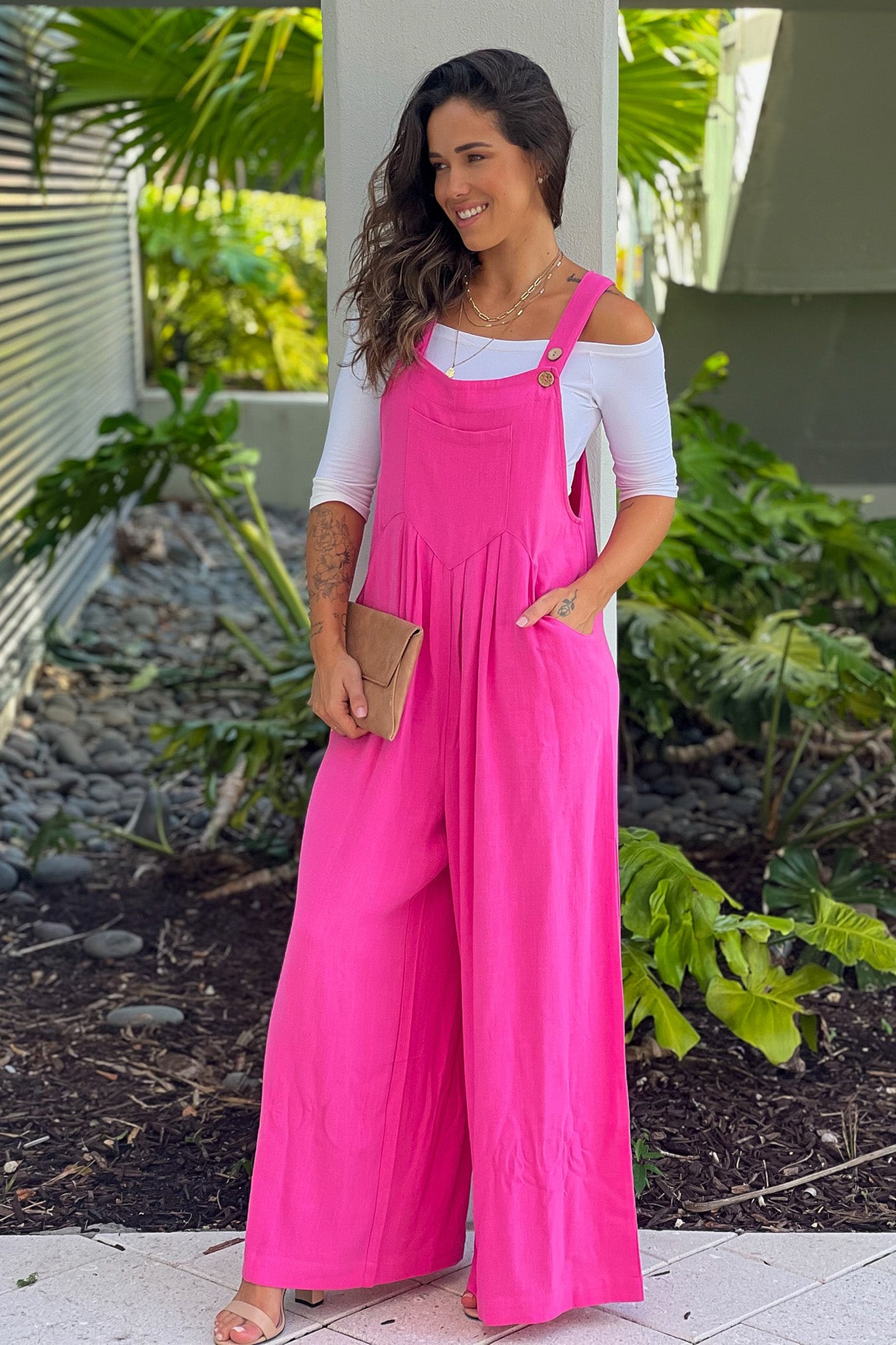 fuchsia overalls with pockets