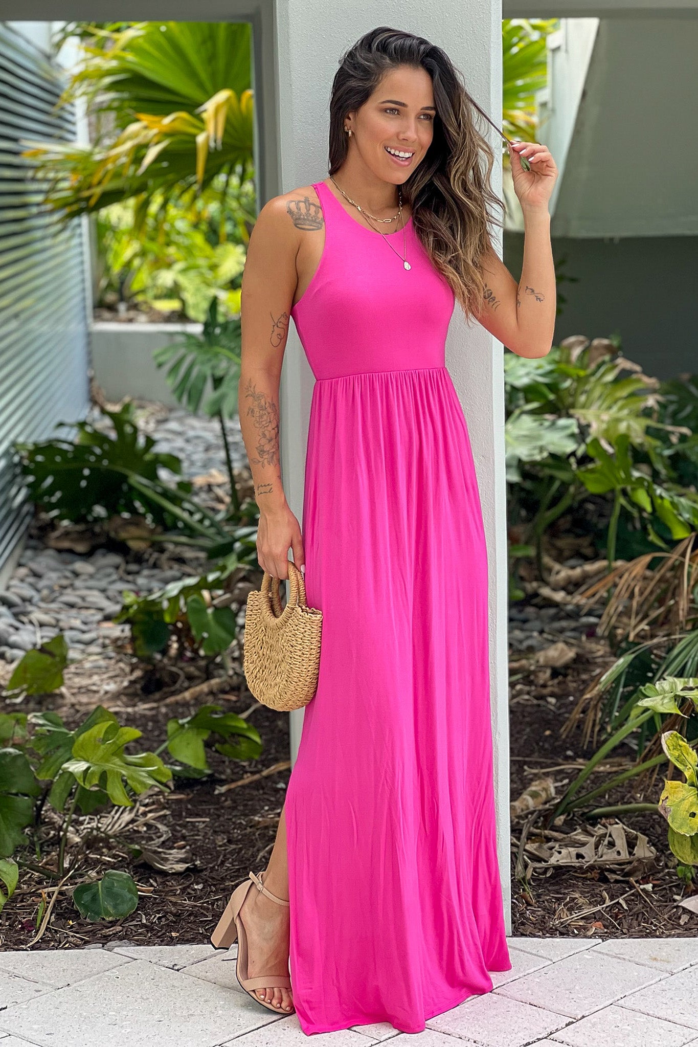 fuchsia racer back maxi dress