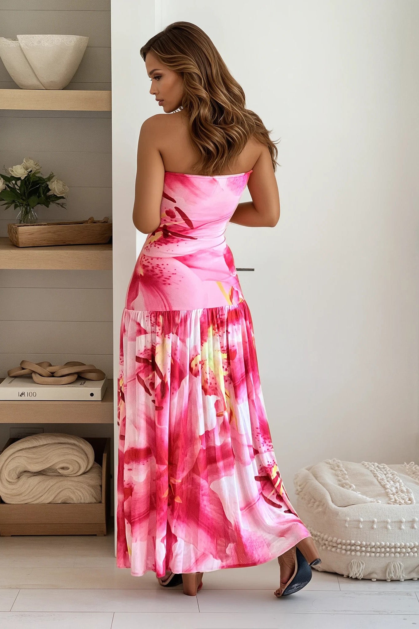 fuchsia strapless flower print maxi dress
