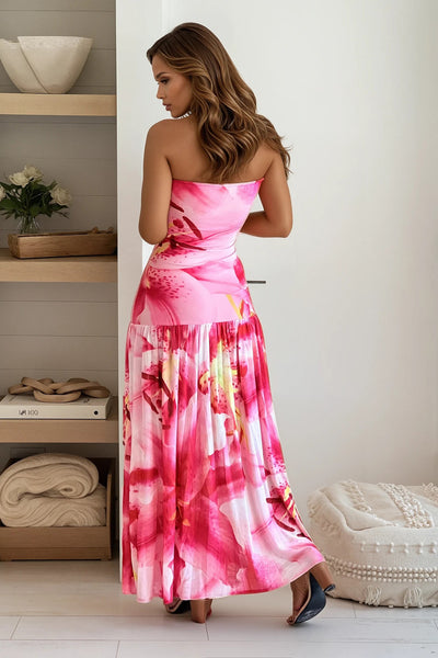 fuchsia strapless flower print maxi dress